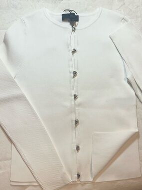 Zara White Ribbed Long Sleeve Cardigan with Silver Heart Buttons